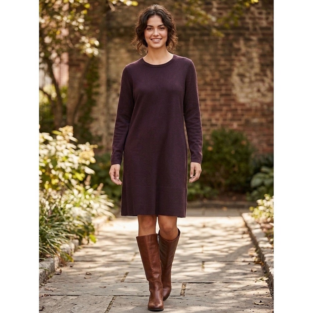 J. Jill Pure Jill Burgundy Plum Cotton Blend Knit Long Sleeve Sweater Dress L